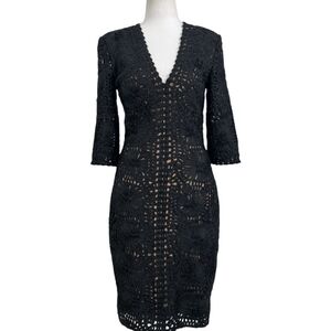 Jovani Black Lace Cocktail Dress Size 10 - 3/4 Sleeve V-Neck Fitted